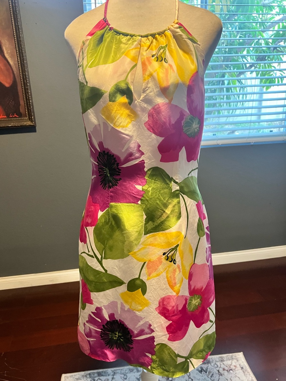 Silk Floral Halter Mini Dress in Pink & Green. EUC Size 4